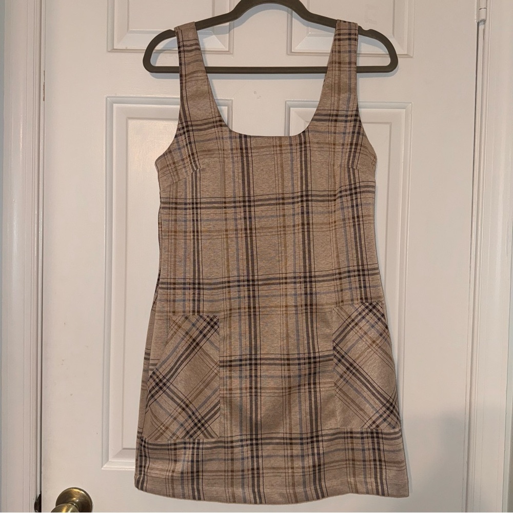 Altar’d State beige cream plaid pinafore  Sleeveless Dress with pockets M
